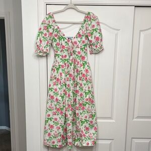 Hill House Roses Floral Puff Sleeve Midi Dress